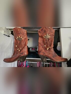 Frye Brown Leather Western Beaded Mid-Calf Boots